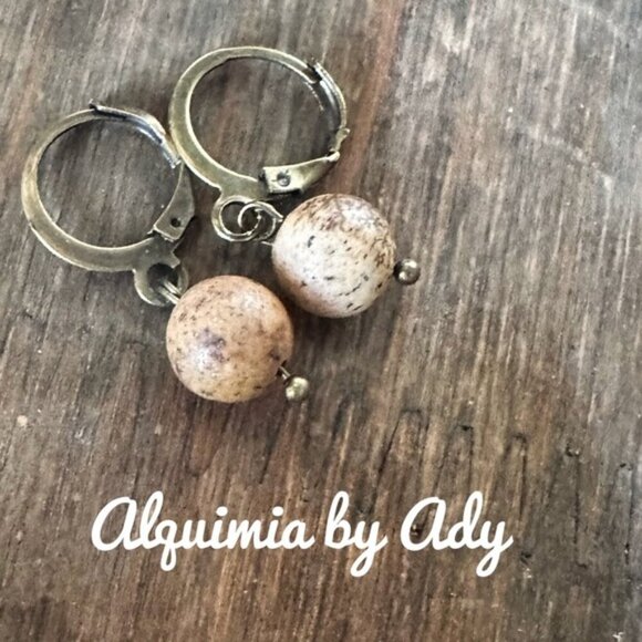 Simple tan picture jasper rustic dangle earrings - Picture 1 of 1